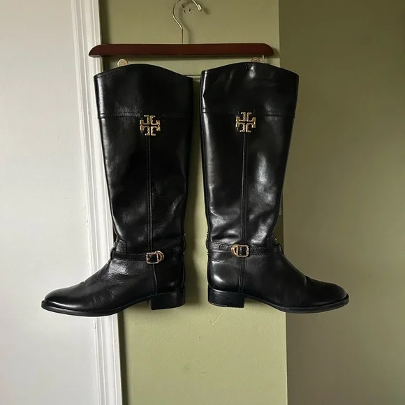 Tory Burch Adeline Women’s Black Leather Riding Boots Sz 8 - Picture 3 of 14